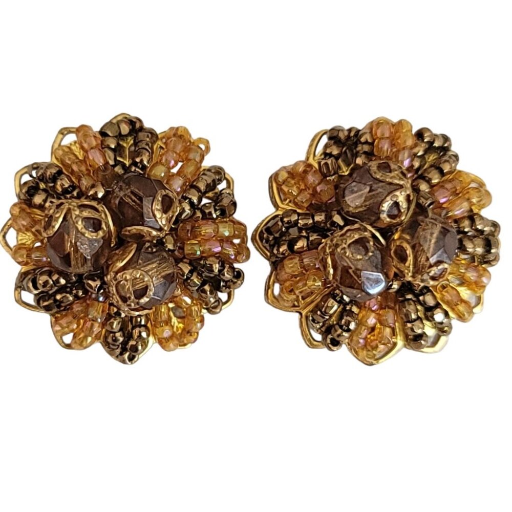 Original By Robert Gold Tone AB Brown Glass Bead Clip-On Earrings, Signed K601
